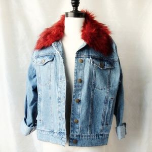 Oversized Denim Jacket with Red Faux Fur Collar